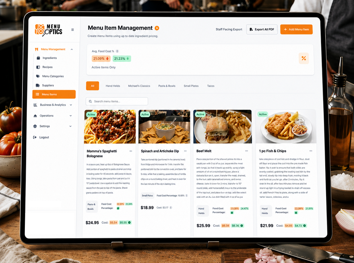 Menu Optics platform open on ipad showcasing menu management